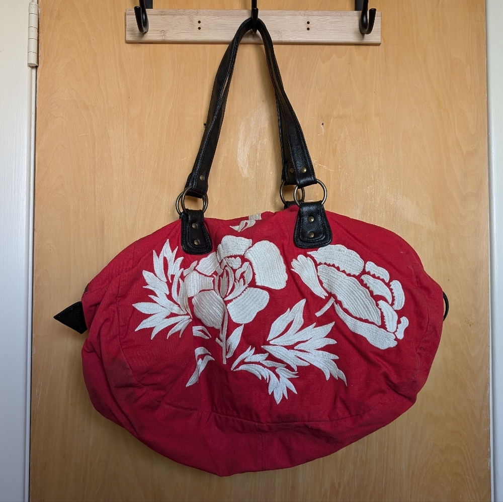 Anthropologie Nest Embroidered Red Weekender Duffel Bag